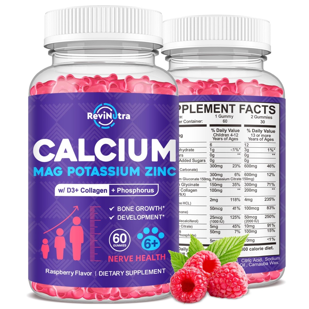 Calcium Potassium Magnesium Gummies לילדים ומבוגרים, עם hydrolyzed Collagen, Zinc, Phosphorus, Multivitamin for Sleep,עצמות העצם, תמיכה בהכחשה, סוכר חינם,Raspberry 60 מסטיקנים