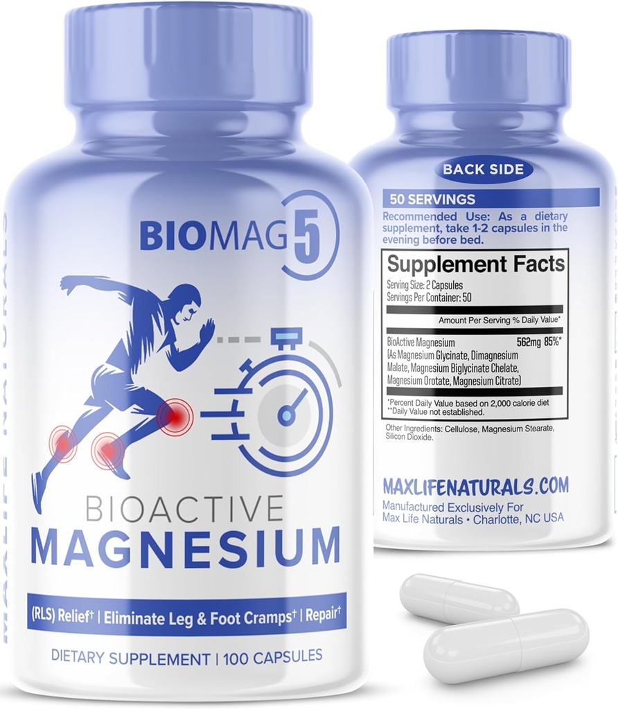 BioMag 5 Magnesium Complex for Women and Men, 100 קפסולות - פורמולה בארה"ב - BioActive ו- BioAvailable Magnesium Glycinate Malate Citrate Orotate ו-Biglycinate תוספי Chelates