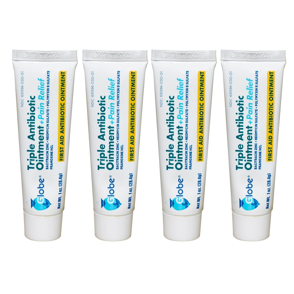 גלובוס (4 Pack Triple Antibiotic + Pain Relief Ointment 1oz, עזרה ראשונה אנטיביוטית, Soothes Pain, Cuts, Burns ו- Scrapes 24 Hour Protection