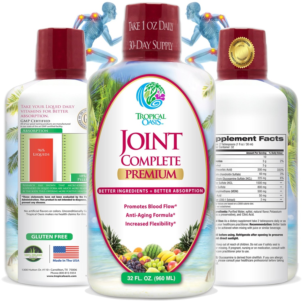 Oasis Joint Complete Premium - תוספת נפרדת עם Glucosamine נוזלי Sulfate, Chondroitin, MSM & Hyaluronic Acid - 96% מקס Absorption - 32oz, 32 serv, 334848484