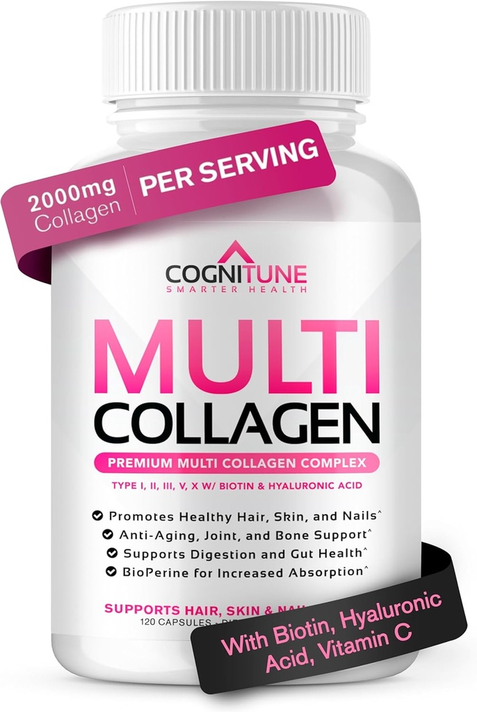 Multi Collagen לנשים עם Hyaluronic Acid, ויטמין C ו- Biotin, תוסף חלבון קולג'ן עם סוגים I, II, III, V, X Peptides עבור שיער בריא, עור, ציפורניים ופרקים, 120 קפסולות