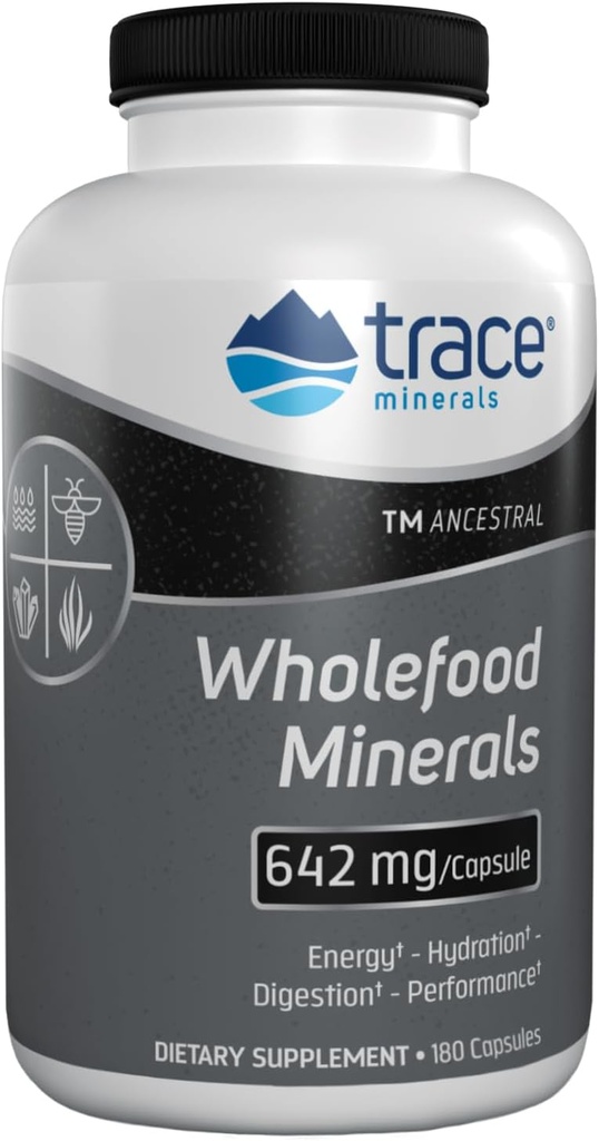 Trace מינרלים Wholefoods - Body & Brain Health Support - תוספי מזון בריאות מזון עם Wildflower Bee Pollen & Atlantic Kelp - איידס פעילות גופנית ובריאות העיכול - 180 קפסולות