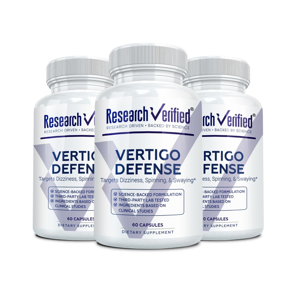 מחקר מאומת Vertigo Defense - Soothe הסימפטומים ותמיכה באוזן הפנימית - ויטמין D3, ג'ינג'ר, גינקו בילובה, BioPerine - 180 קפסולות