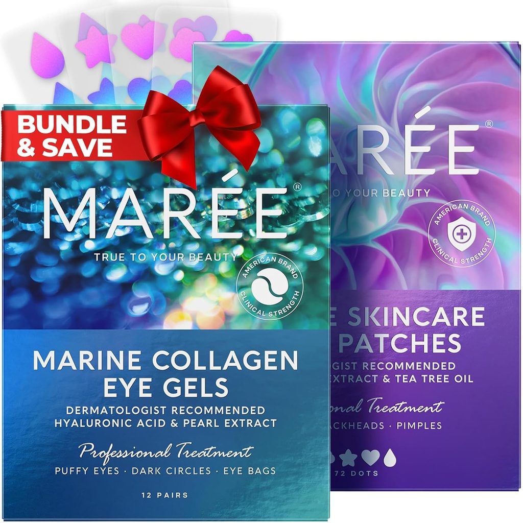 MAREE Eye Gels & Acne  glearing מכשירים Bundle - תחת Eye Gels עבור עיניים Puffy ו עיגולים אפלים, הידרוקואיד Acne Therapy התקן - Marine Collagen & Hyaluronic Acid, ירוק Algae Extract & Tea עץ שמן שמן שמן שמן שמן שמן