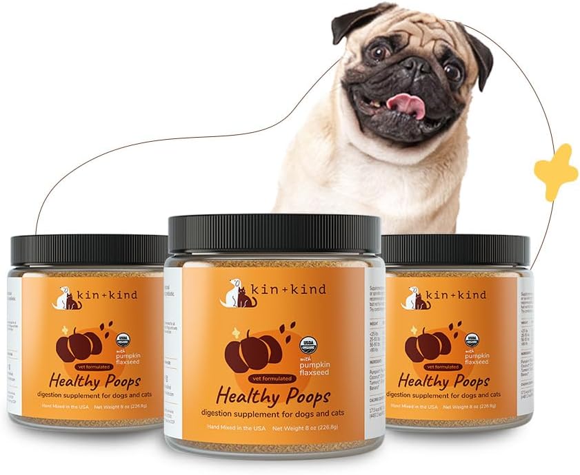 kin+kind Organic סיבים לכלבים & Cats - Pumpkin Boost for Healthy Poops - Digestive Health - Flax Seed, ג'ינג'ר, Turmeric וקוקוס - Made in USA - Bundle (3 x 8 oz)