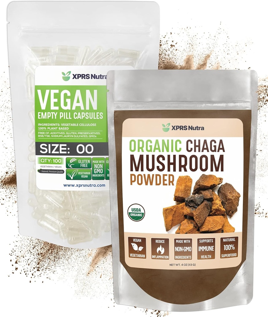 XPRS Nutra אורגני אבקת Chaga 4 Ounce עם גודל 00 קפסולות ריקות למחצה (100 הרוזן) Bundle