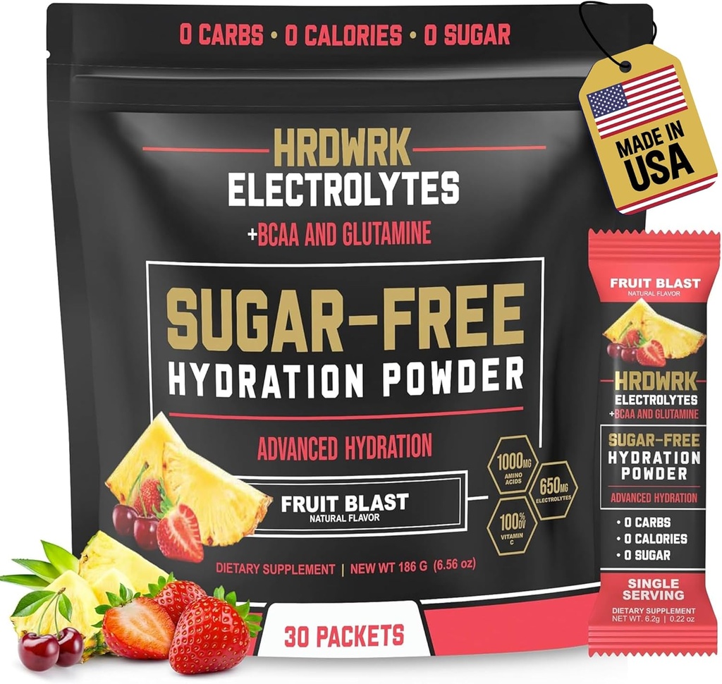 HRDWRK Electrolytes אבקת Packets עם Magnesium, Potassium Sodium, Keto hydrotion - BCAA אלקטרוליטה אבקת Packets עם Glutamine, 30 אלקטרוליטים אבקת Packets סוכר חינם (Fruit Blast)