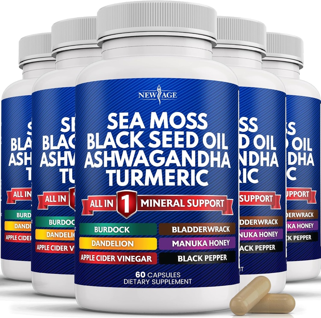 AGE Sea Moss Black Seed Oil Ashwagandha Turmeric Bladderwrack Burdock - עם Manuka, Honey Dandelion, ACV Black Pepperten