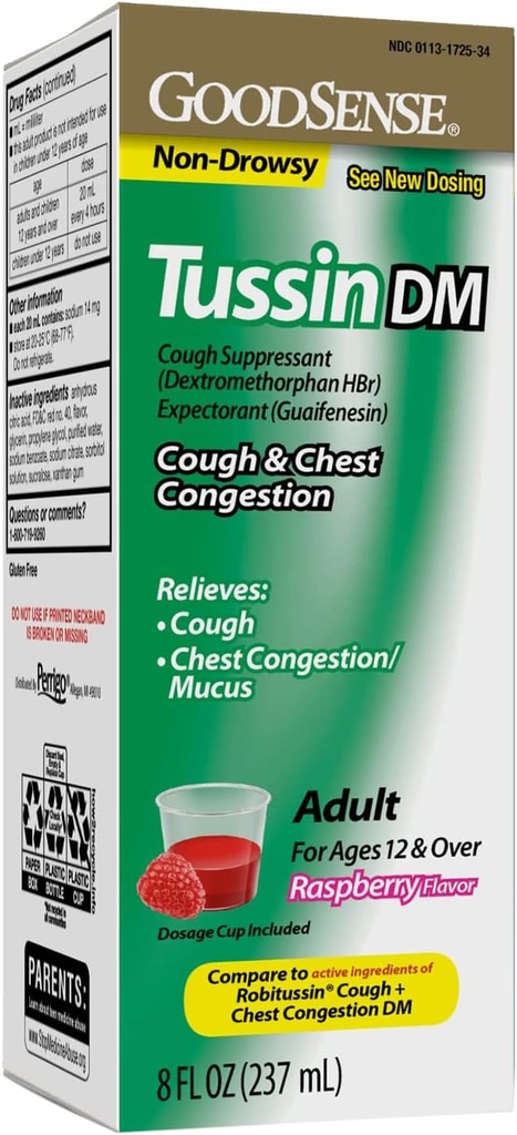 GoodSense Tussin Cough Syrup DM, Raspberry Flavor, הקלה יעילה עבור Cough ו Chest Communityestion, Thins Mucus, 8 Fl Oz