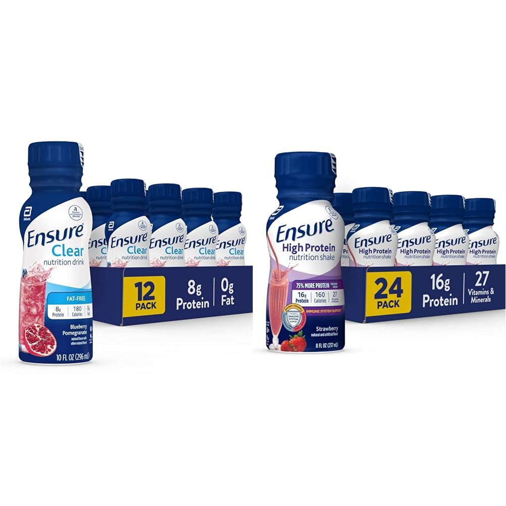 Ensure Liquid Clear Nutrition Drink, 0g fat, 8g of protein, Blueberry Pomegranate, 10 Fl Oz (Pack of 12), Bottle, gluten free & Ensure High Protein Strawberry Nutrition Shake, 24 Pack