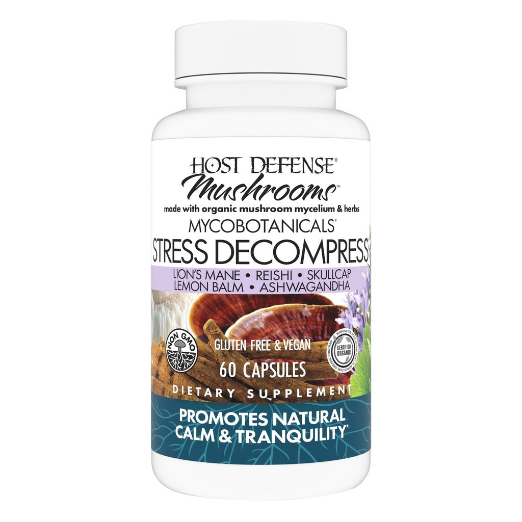 Host Defense MycoBotanicals Stress Decompress* קפסולות - תוספת Mushroom עם לימון Balm & Ashwagandha Root - עם Reishi, Lion's Man & Skullcap - 60 קפסולות (30 משרתים)