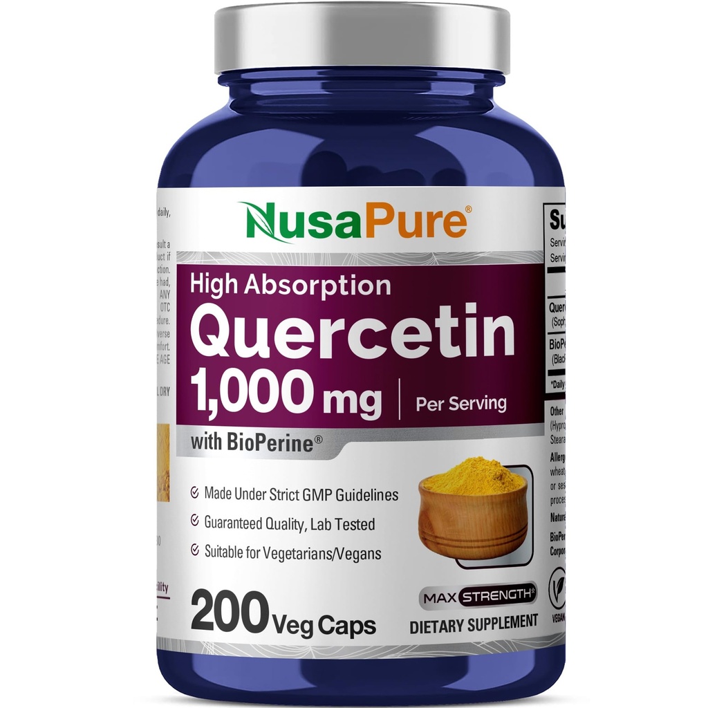 NusaPure Quercetin 1000mg - 200 Veggie Caps (Non-GMO, טבעוני, Vegetarian) Bioperine