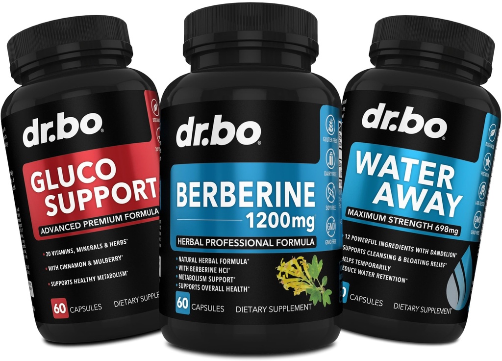 DR. BO Berberine תוסף Metabolism Support & Water Pills - 1200mg Berberine HCL תוספת לתמיכה מטאבולית בריאה - Premium HCL 600 מ"ג Per קפסולה & Water Pills Diuretics