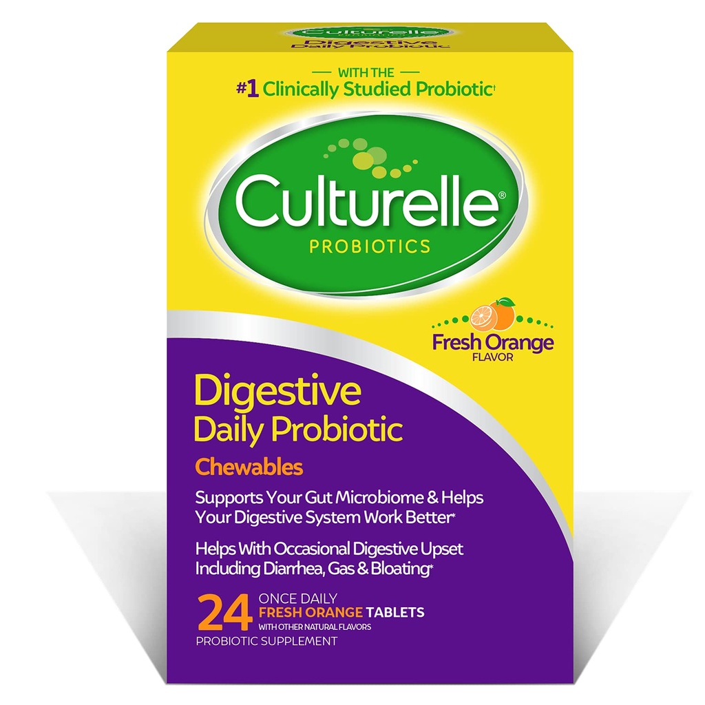 Culturelle Digestive Health Daily Probiotic Chewables, Probiotic for Men and Women, Most Clinically Stud Probiotic Strain, 10 מיליארד CFUs, תומך ב- Occasional Diarrhea, Gas & Bloating, 24 Count Count