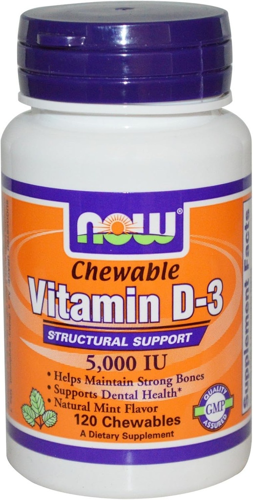 Now Foods ויטמין D-3, 5000 IU, Mint Taste120 Chewables