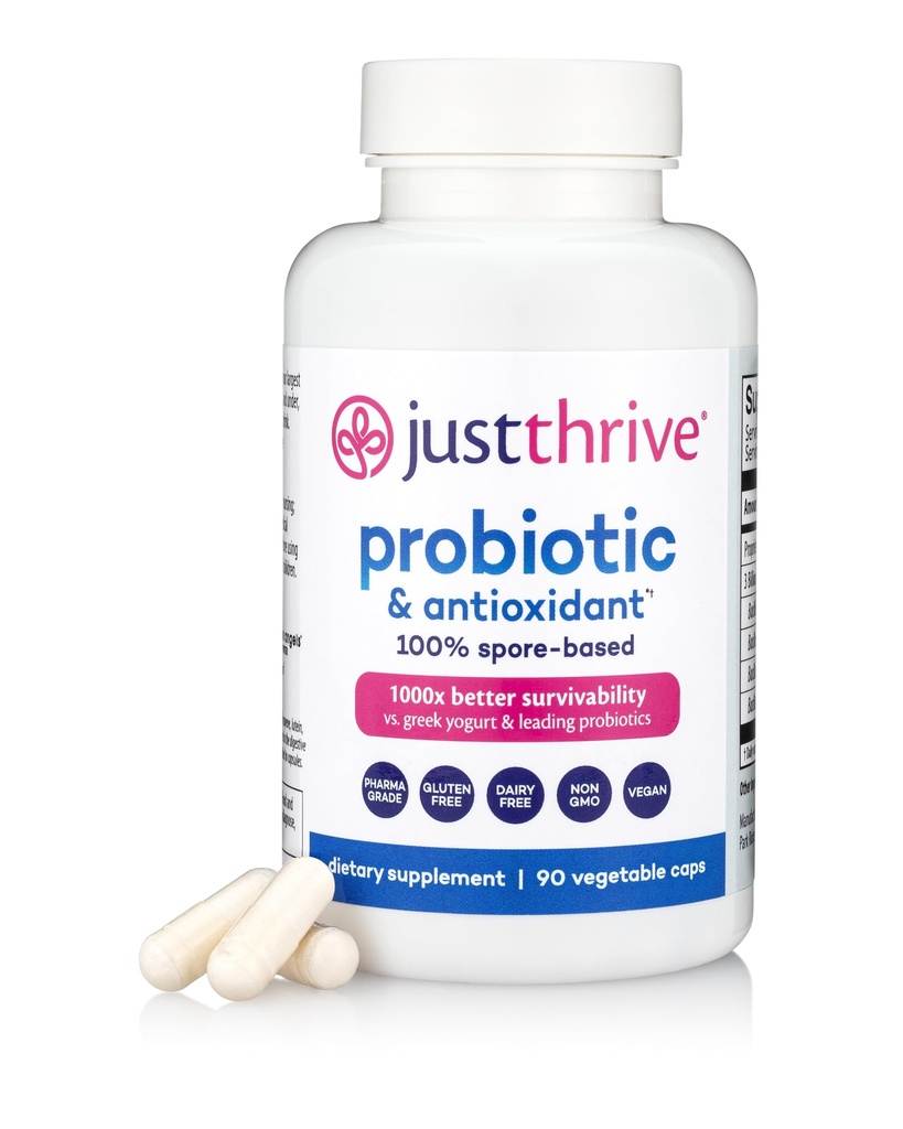 Just Thrive Probiotic & Antioxidant תוסף - 100% Spore- Based Digestive ו- Immune Support - Gluten Free, 90 Caps