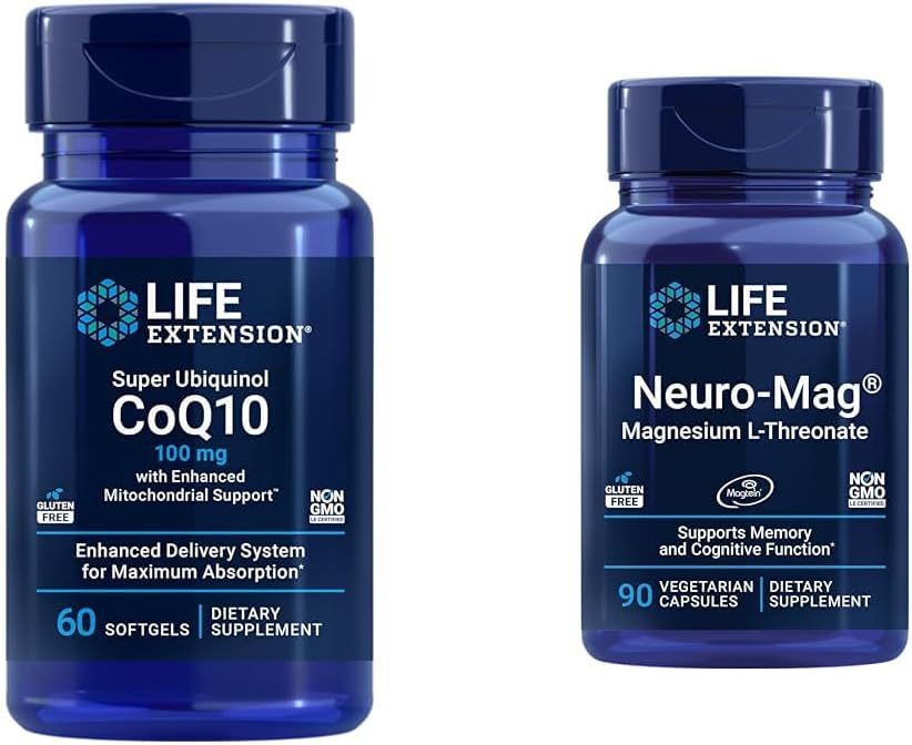 Life Extension Super Ubiquinol CoQ10 עם תמיכה משופרת Mitochondrial & Neuro-mag Magnesium L-threonate, Magnesium L-reonate