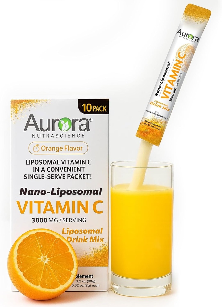 אורורה Nutrascience ננו-Pack Liposomal ויטמין C אבקת משקאות Mix, תמיכה בחיסון, כוח גבוה 3,000 מ"ג Per המשרת 10 Single Serve Packets, Orange