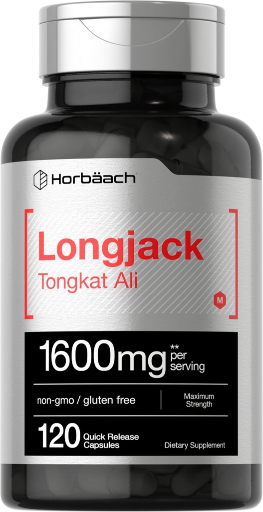 Horbäach Longjackטונגkat Ali for Men and Women | 1600 מ"ג | 120 קפסולות | תוספי גלם | גלולות כוח מקסימלי | Eurycoma Longifolia | Non-GMO ו- Gluten Free Free