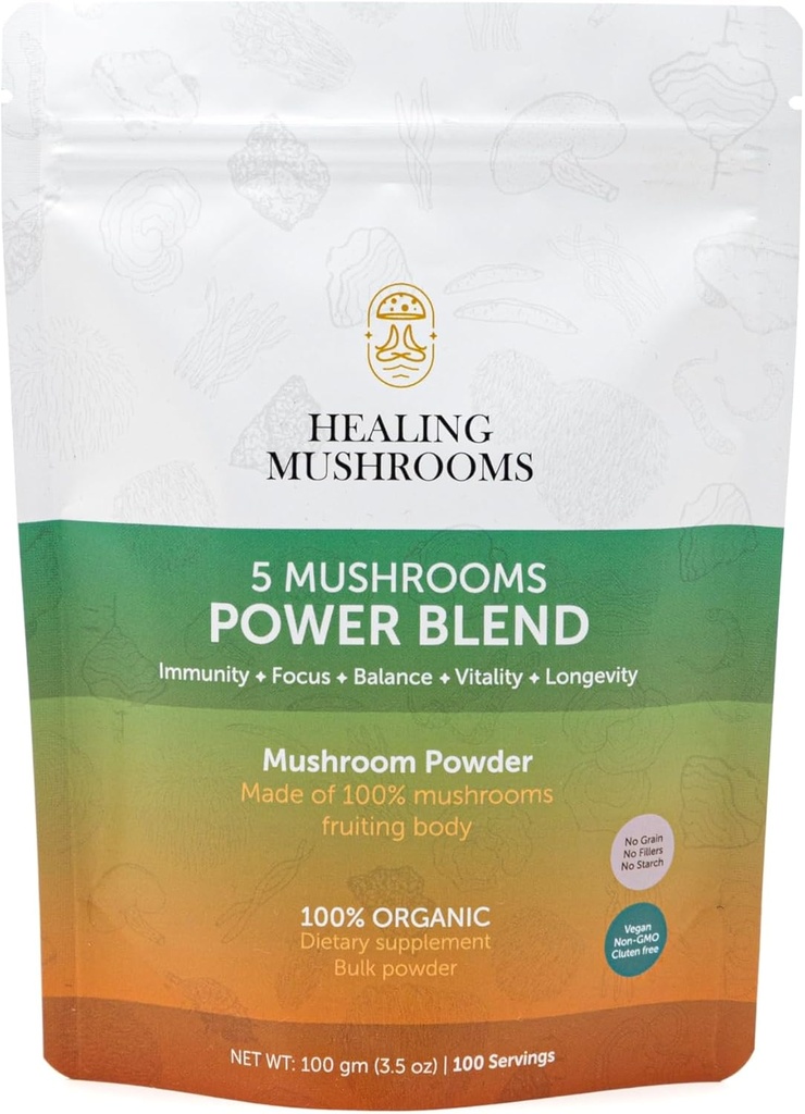 5 Mushrooms Power Bland, אבקת אורגנית עם Lions Mane, Reishi, Cordyceps, טורקיה Tail, Chaga. 100 גרם