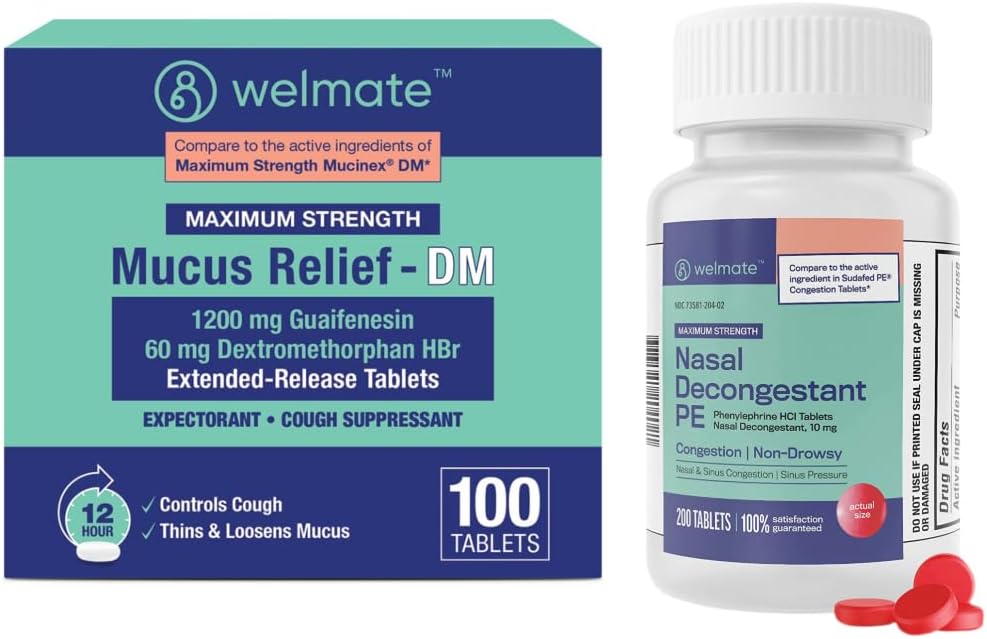 WeLMATE Complete Cold & Allergy Relief Kit: Power Nasal Decongestant PE (200 טבליות) & Mucus Relief DM 1200mg Guaifenesin / 60mg DXM (100 Ct) - Non-Drowsy Sinus, Cough, ו-Comestion Relief.