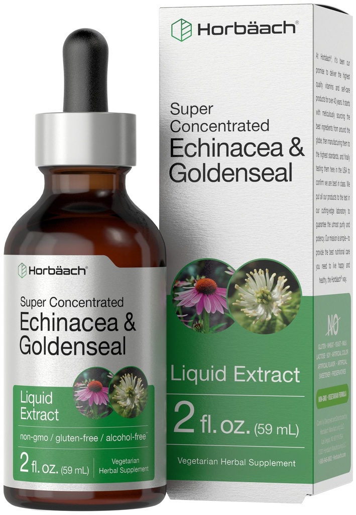 Horbäach Echinacea Goldenseal נוזל Tincture טיפות | 2 fl oz | אלכוהול חינם לחלץ | Vegetarian, non-GMO, Gluten Free Supplement