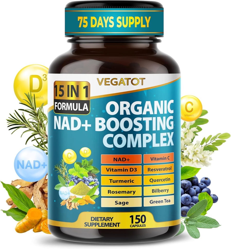 VEGATOT NAD+ Boosting Complex - תוספי NAD עבור נשים וגברים 15in-1 פורמולה עם Resveratrol Turmeric Quercetin Rosemary Bilberry
