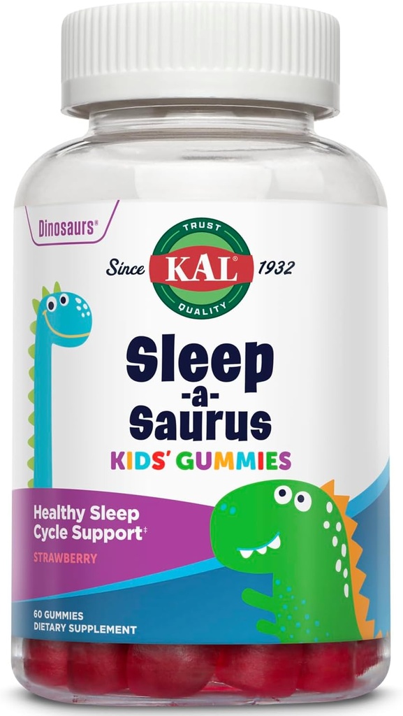 KAL Sleep-a-Saurus Melatonin Gummies לילדים, 1 מ"ג מלטונין לילדים תמיכה במחזור שינה בריא, טבעוני וגלוטן חינם, אין פלאובים מלאכותיים או צבעים, 60 יום ערבות, 60 משרתות, 60 מסטיקנים