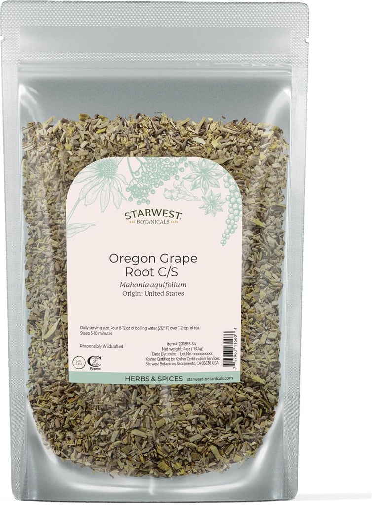 Starwest הבוטנים אורגון Grape Root Wilddesign - Dried שופכת עשב תה, טינטוריות, קפסולות, ו Salves, Natural Wellness for Women & Men, Cut & Sifted, Certified, Non-GMO - 4 oz Pouch