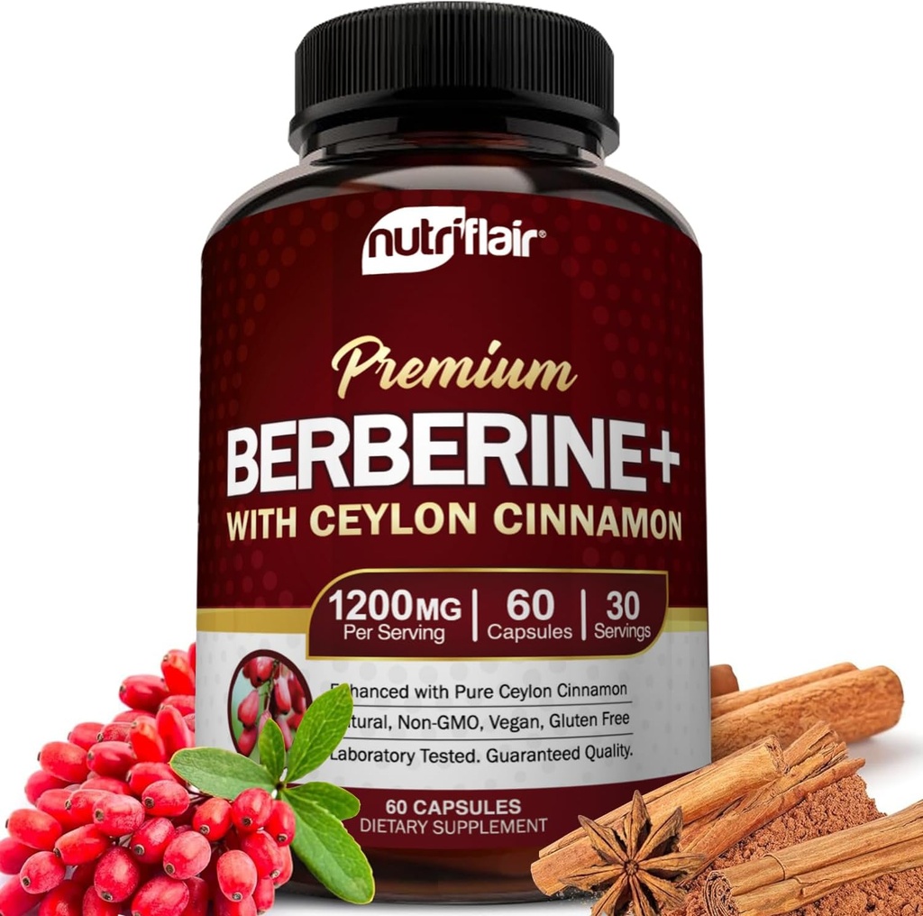 NutriFlair Premium Berberine HCL 1200 מ"ג, 60 קפסולות - Plus Pure True Ceylon Cinnamon, תוספים גלולות, תמיכה במערכת החיסון