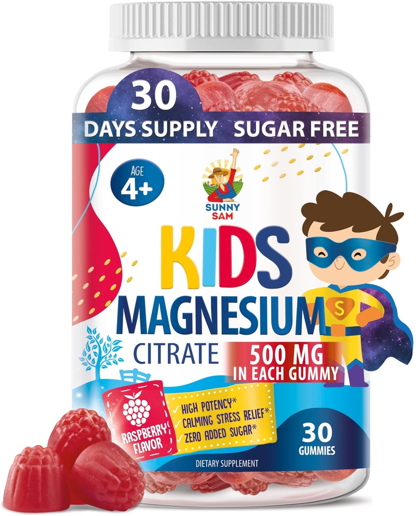 Sugar-Free Magnesium Gummies for Kids & Teens - 500mg Calm Magnesium Citrate - Chewable Magnesium Gummy Supplement for Sleep, Mood & Muscle Support - Citrato de Magnesio para Niños - 30 Days Supply