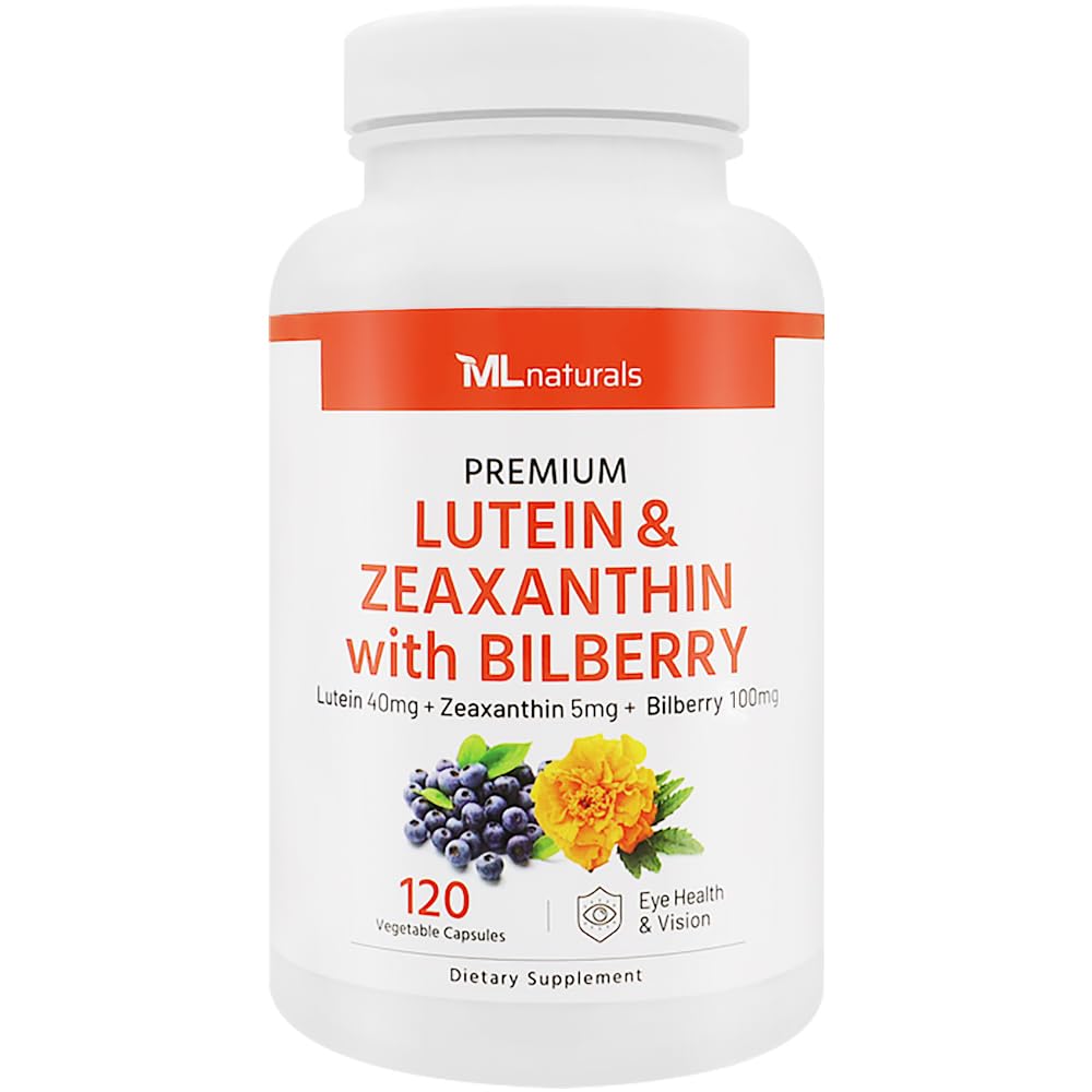 ML Naturals Premium Lutein & Zeaxanthin עם Bilberry 120 קפסולות ירקות. Lutein 40 מ"ג, Zeaxanthin 5 מ"ג, ו Bilberry 100 מ"ג. איכות Premium עיניים בריאות וחזון, NSF-Certified & cGMP-Compliant