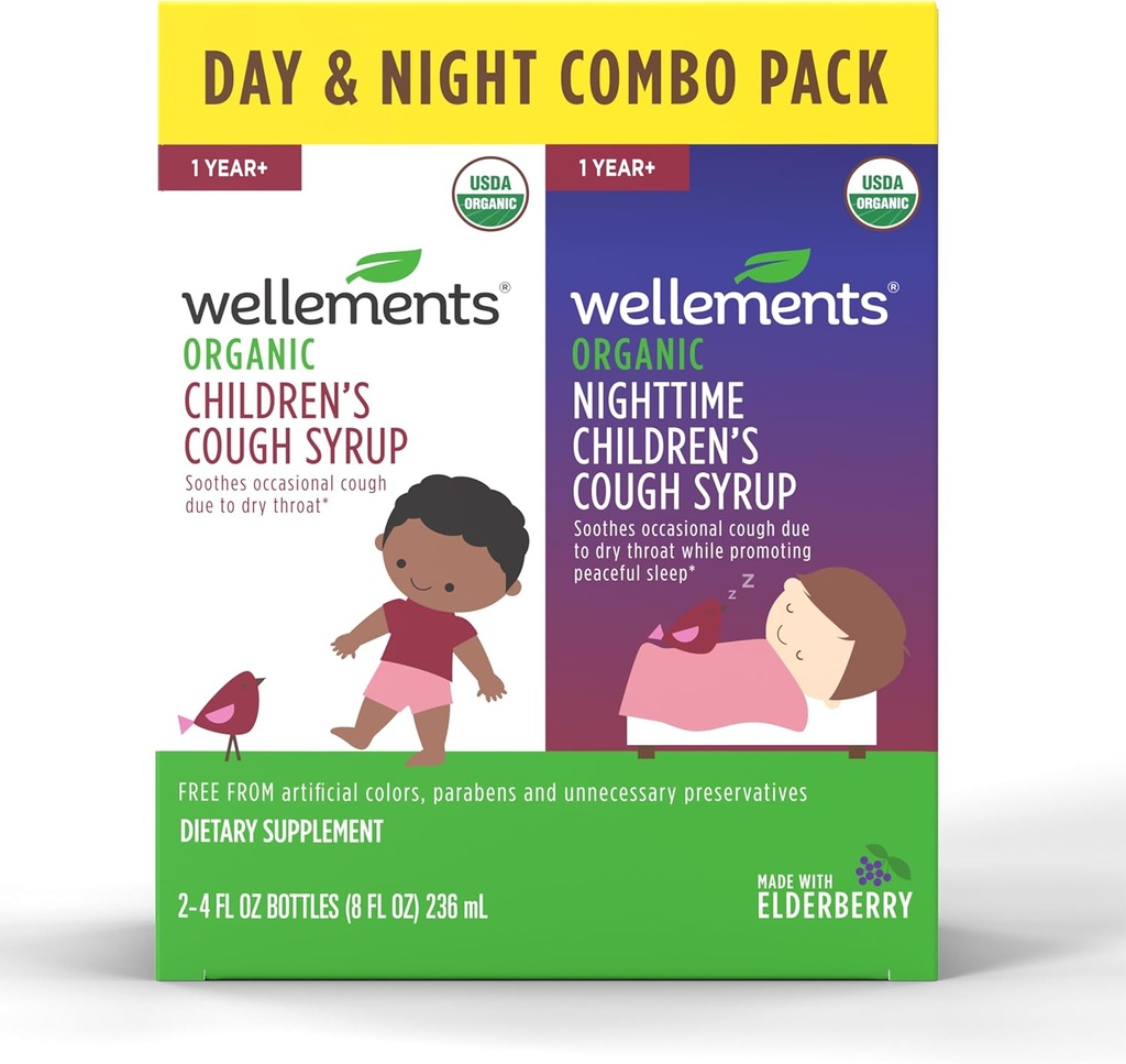 Wellements Organic Day & Nighttime Children's Cough Combo Syrup | Soothing Daytime & Nighttime Cough Relief USDA אורגני | Value Pack (2) 4 Fl Ozs, 1 שנה + לילה