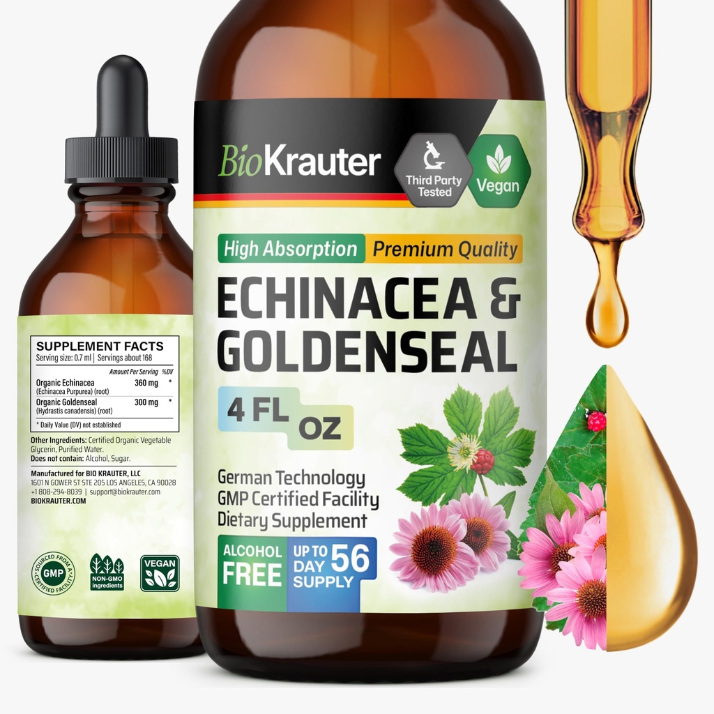 BIO KRAUTER Echinacea ו-Goldenseal Root נוזל לחלץ - תמיכה טבעית Immune - Echinacea טיפות עם Goldenseal - טבעוני, אלכוהול וסוכר חינם Tincture - 4 Fl.Oz.