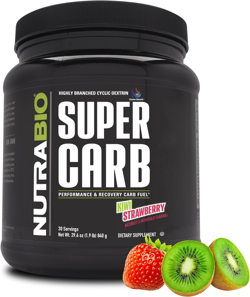 NutraBio Super Carb, אבקת Carbohydrate עם Cluster Dextrin & אלקטרוליטים, אבקת תוספת פחמימות מתקדמת עבור דלק עבודה, ביצועים, ושיקום שרירים, Cyclic Dextrin, קיווי סטרובי, 30 Svberry, 30 Svberry, 30 Svberry.