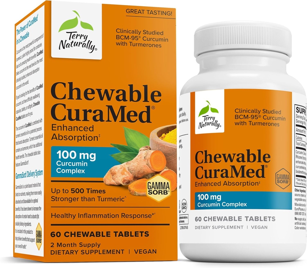 טרי באופן טבעי CuraMed 100 מ"ג Curcumin Complex - תוספת משופרת Absorption Curcumin עם Turmeric - Brain & Liver Health Support - תוספי תזונה טבעונית - 60 טבליות Chewable