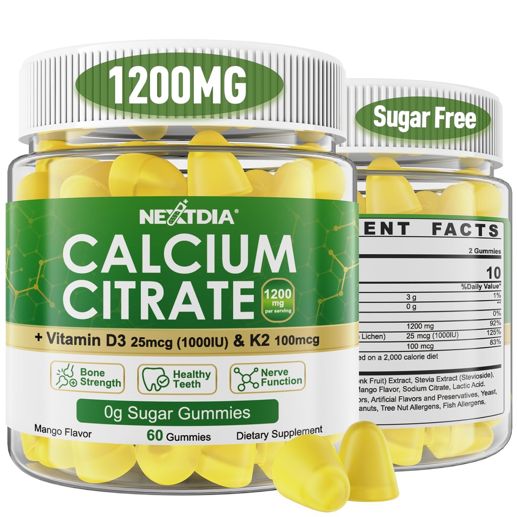 Calcium Citrate Gummies 1200mg with Vitamin D3 K2, Chewable Calcium Supplements for Women & Men, High Potency Support B0ne, Te*th, Strength & Immune Health, Mango Flavor, Non-GMO, Sugar Free, 120 Cts