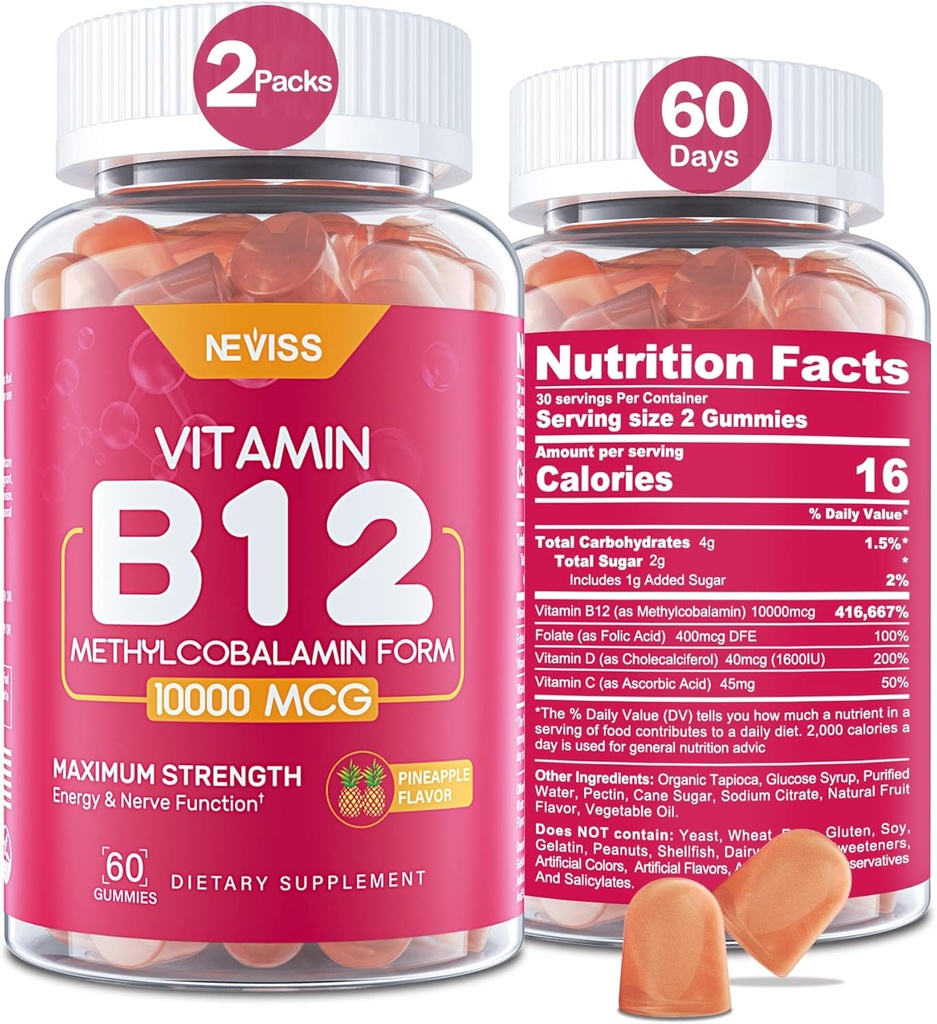ויטמין B12 10000 mcg (Methyl B12 Gummies עם ויטמין D3, B9 ויטמין Folate, ויטמין C, עבור אנרגיה Boost & Metabolism, מערכת העצבים, עצם חזק, תמיכה בשומן, סוכר נמוך, 120 הרוזן