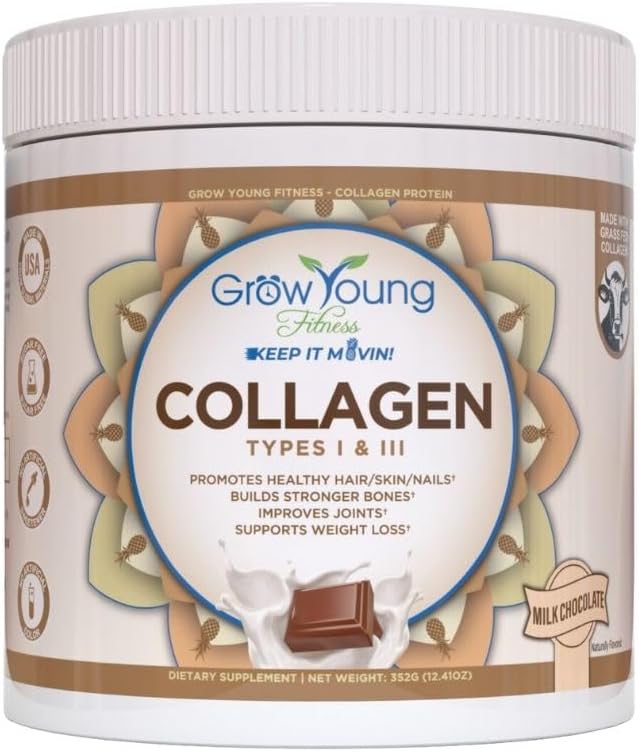Grow Young Fitness Collagen חלבונים - חלב שוקולד, מקדם עור, עצמות, מפרקים, ירידה במשקל, סוכר חינם (12.41 oz) (1 Pack, 20 משרתים)