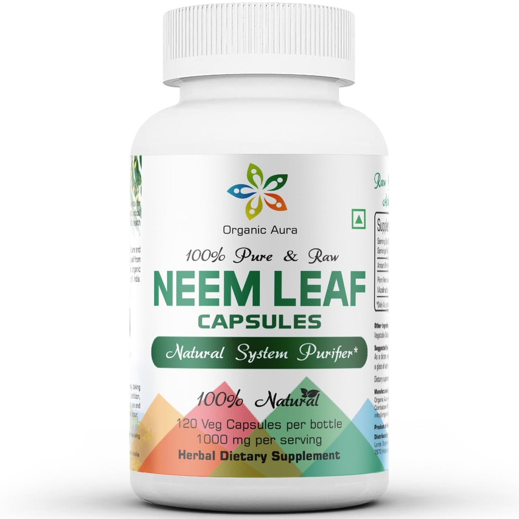 Aura Neem כמוסות. 100% טהור ופוטנטי. Raw Green Whole Superfood מיוצר עם כל ספקטרום עוזב. נס Detoxifying Agent