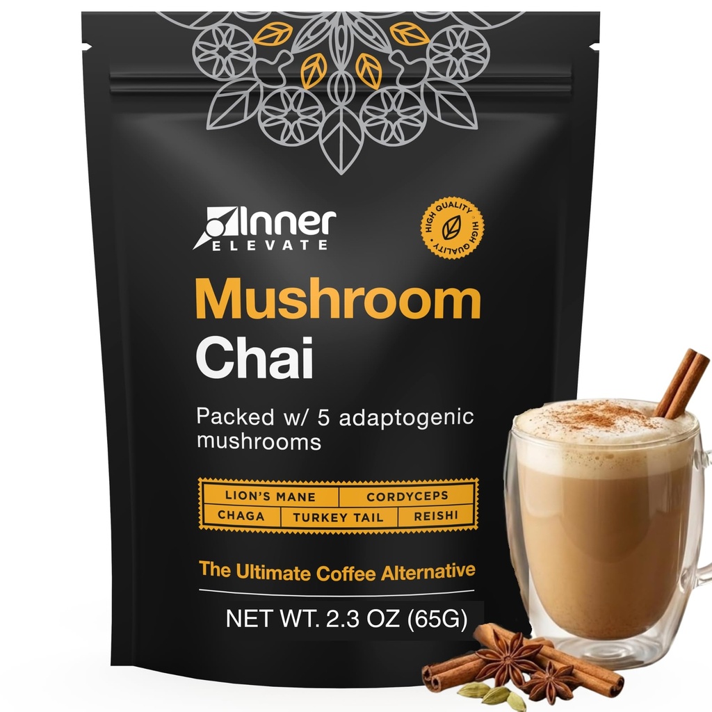 Inner Elevate Superfood Mushroom Chai - האולטימטיבי קפה אלטרנטיבי - משקה תה מותאם עם אריה של אריה, Cordyceps, Chaga, Reishi, טורקיה Tail (35 משרתים)