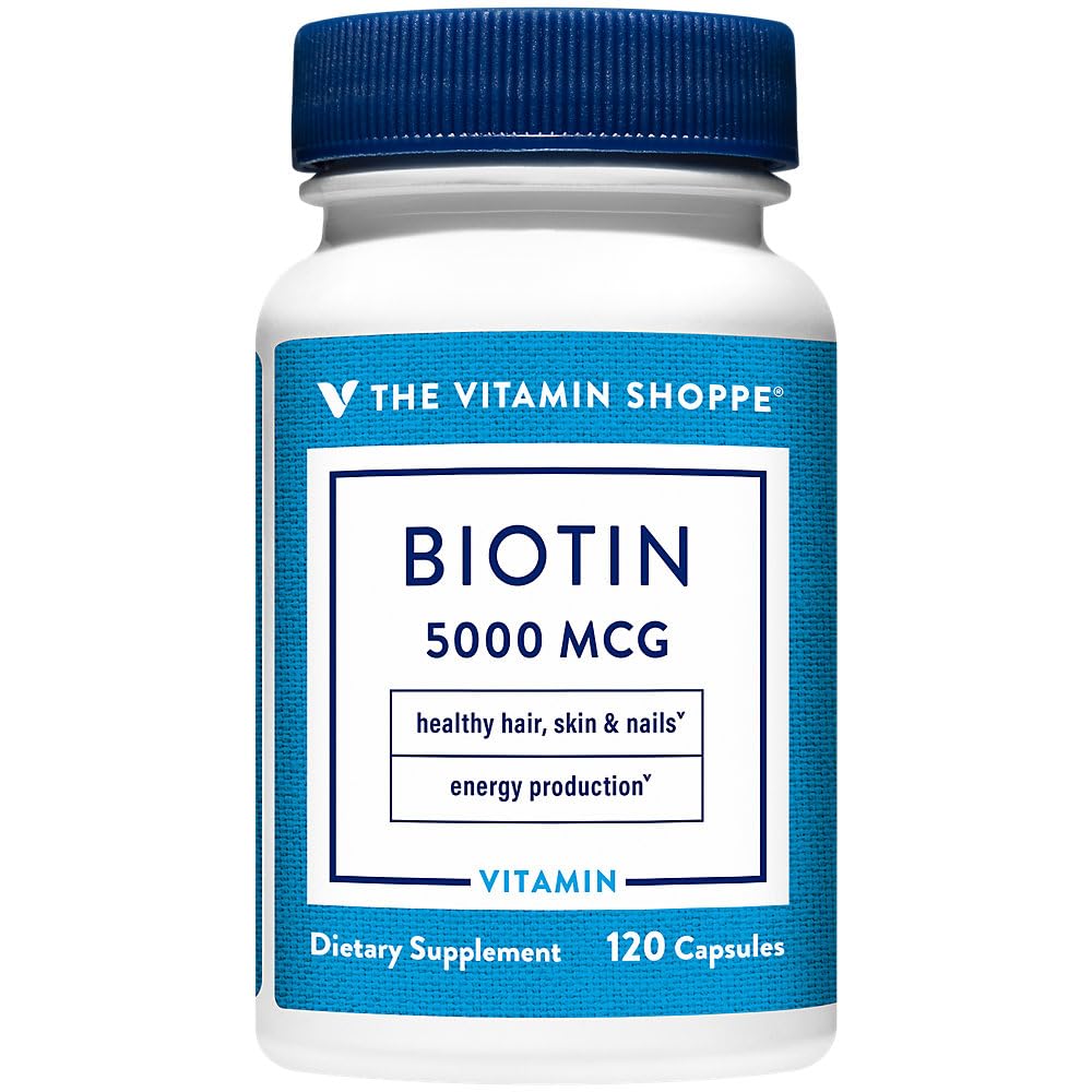 ויטמין Shoppe Biotin 5,000MCG, תמיכה במטבוליזם מזינים לשיער בריא, עור בריא וציפורים חזקות, ייצור אנרגיה (120 קפסולות)