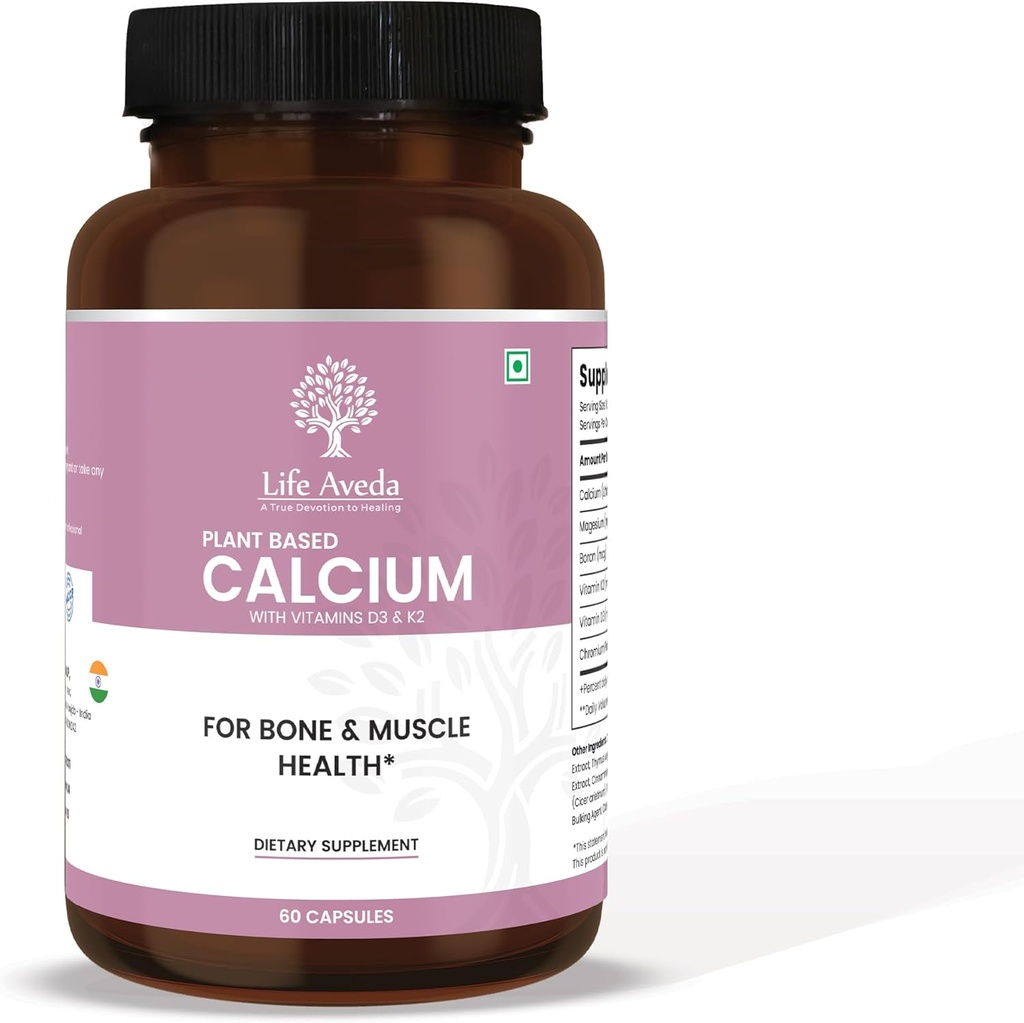 Life Aveda Plant-based Calcium תוסף עם ויטמין D3, K2 ומגנזיום | 500 מ"ג | כוח העצם, בריאות משותפת, שיניים ותפקוד שרירים | 60 קפסולות Veg | 3X Calcium Absorption עבור גברים ונשים