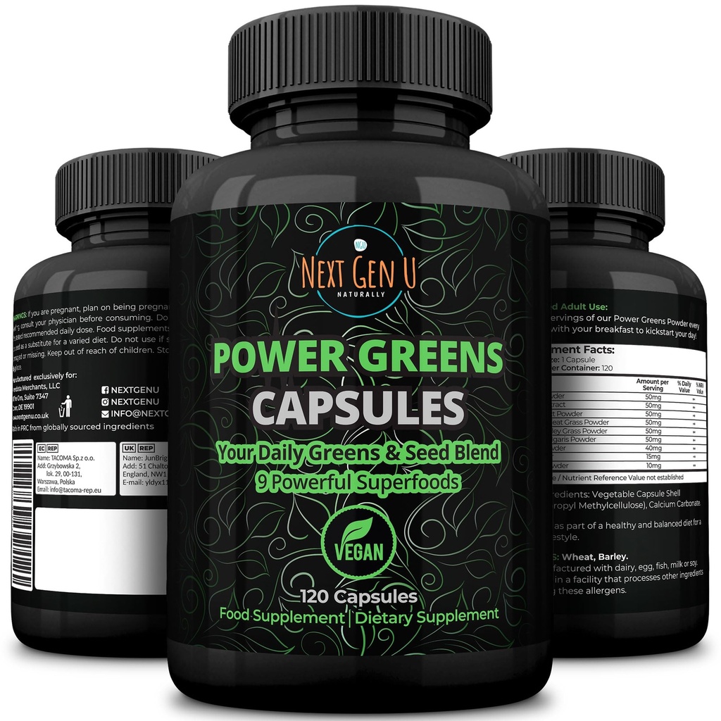 Super Greens - Immune System Support - 500 מ"ג 120 קפסולות טבעוניות - Superfoods for Daily Booster - Healthy Keto Band with Acai, Wheatgras, Guarana, Chlorella, Flaxseed, Fita, Maca - על ידי NextGenUU.