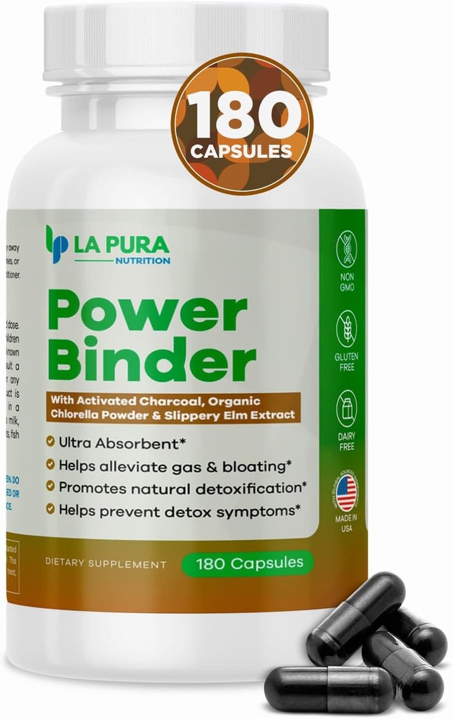LaPura Power Binder - Detox & ניקויse עם Charcoal מופעל, אורגני אבקת Chlorella ו Slippery Elm לחלץ - מסייע הקלה Gas & Bloating - מקדם detoxification טבעי - 180 קפסולות