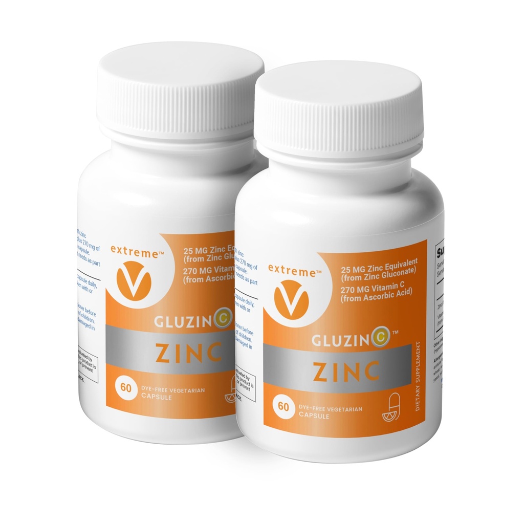 Znc MG25+VC Dual Pack | Daily Zinc Gluconate + ויטמין C | 25 מ"ג + 270 מ"ג | פורמולה נקייה, טבעונית-ידידותית (2 בקבוקים, 120 קפסולות צמחוניות)