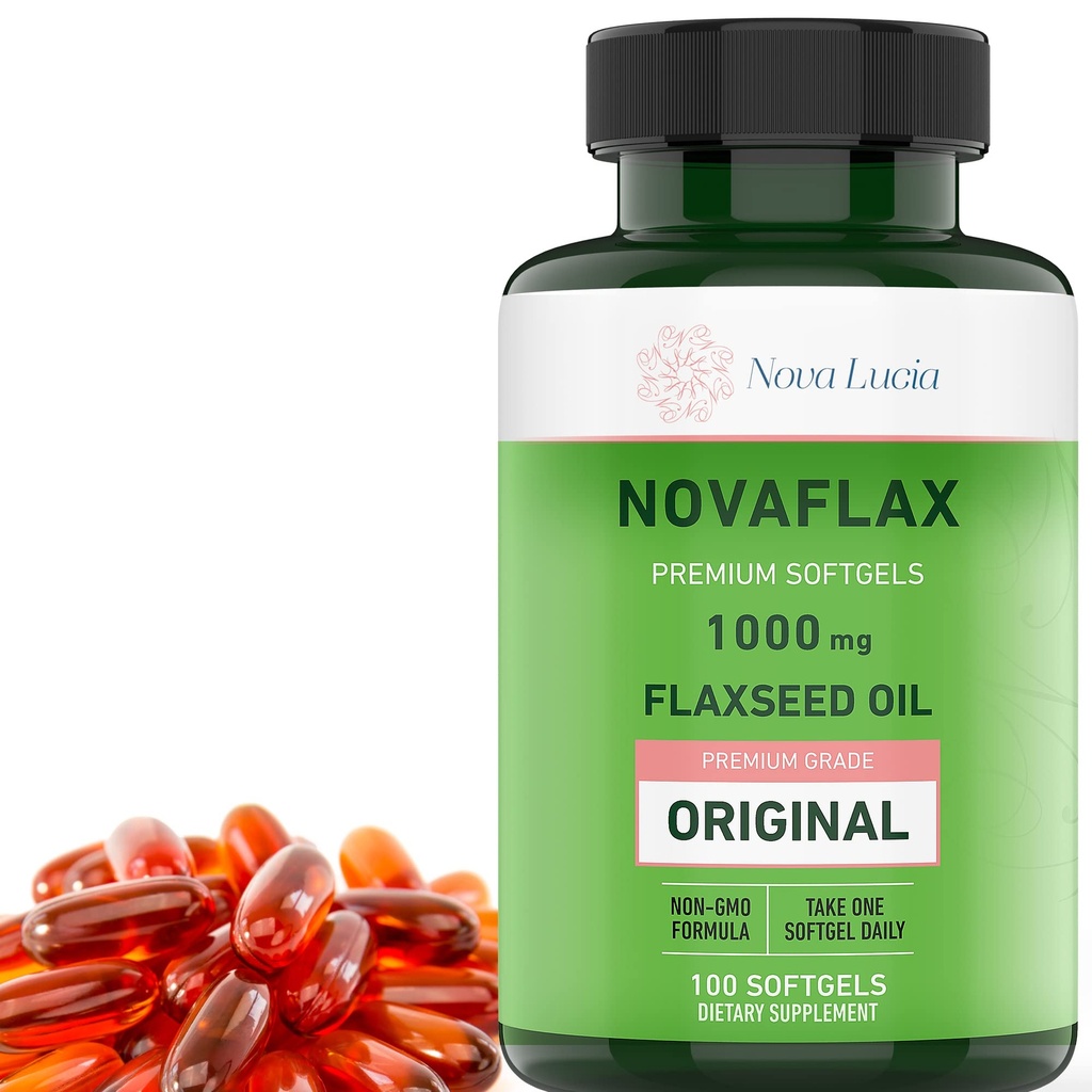נובה לוסיה אורגני Flaxseed שמן קפסולות 1000 מ"ג - אומגה 3 6 9 Softgels לשיער, Skin & Nails - non-GMO, Gluten-Free, Hexane-Free, Easy to Swallow - 100 Softgels נוזלי