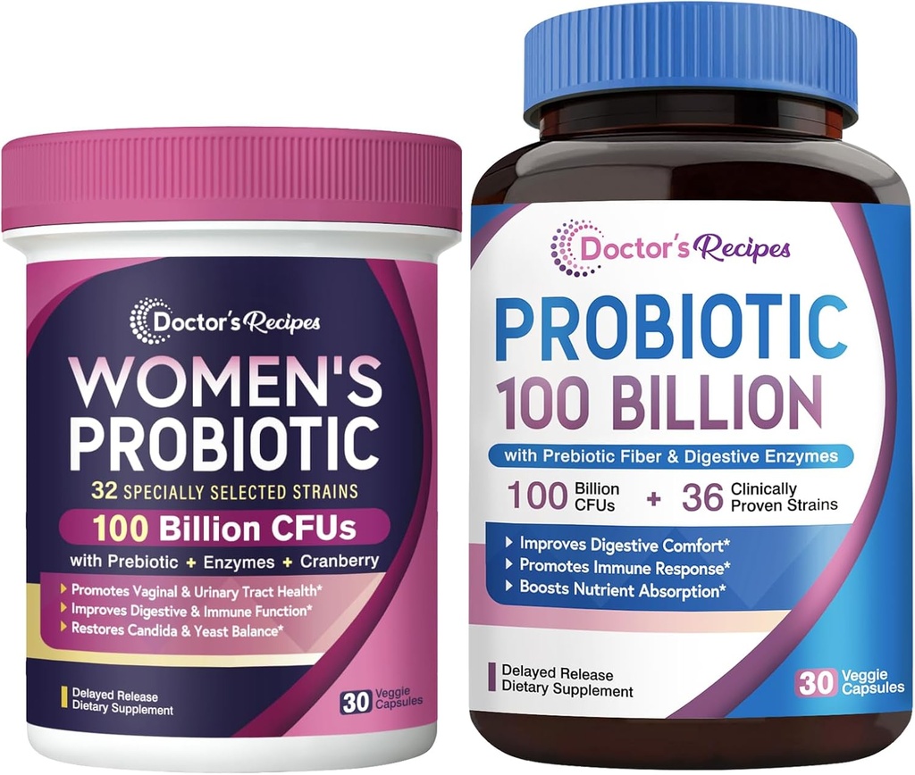 מתכון נשים Probiotics & Probiotics 100 מיליארד CFUs Bundle, Vaginal & Urinary Health, Digestive Comfort for Men & Women, Shelf Stable, נדחה לשחרר