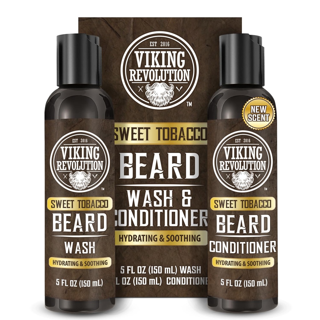 המהפכה הוויקינגית Beard Wash and Beard Conditioner for Men with Argan Oil ו- Jo Joba Oil - Beard Softener and Powerener Beard Care Beard Shampoo and Conditioner with Beard Oil (5oz, Sweet Tobacco)