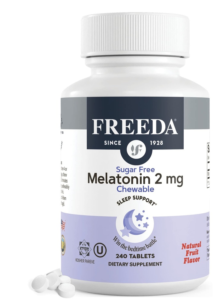 FREEDA Melatonin 2mg Sugar-Free Chewables – Natural Sleep Aid for Adults & Kids – Vegan, Kosher, Gluten-Free, Non-GMO, Easy Bedtime Support – 240 Tablets